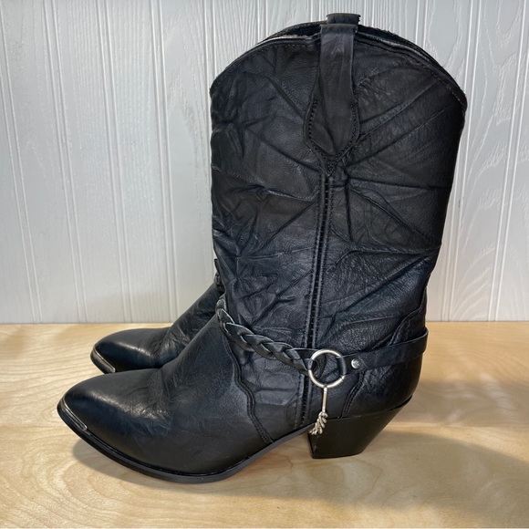 Vintage 80s Genuine Leather Cowboy Boots Braided Harness O-Ring Chain Metal Tip - Picture 2 of 11